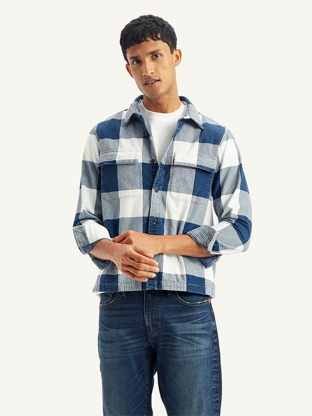 Men's Checkered White Spread Collar Shacket - Styleshot View