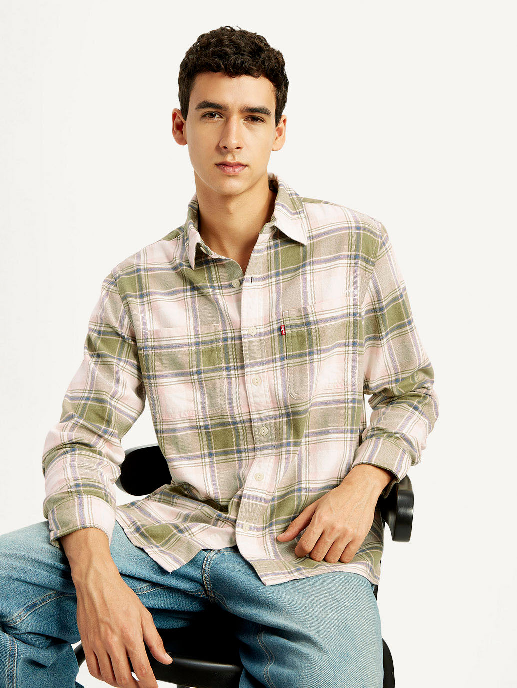 Men's Plaid Khaki Spread Collar Flannel Shirt - Elevated View