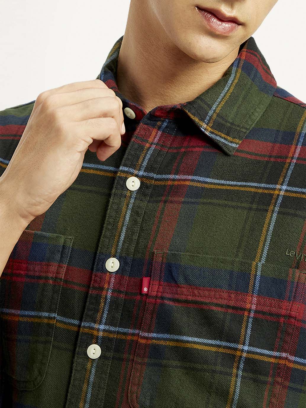 Men's Plaid Multicolor Spread Collar Flannel Shirt - Detail View