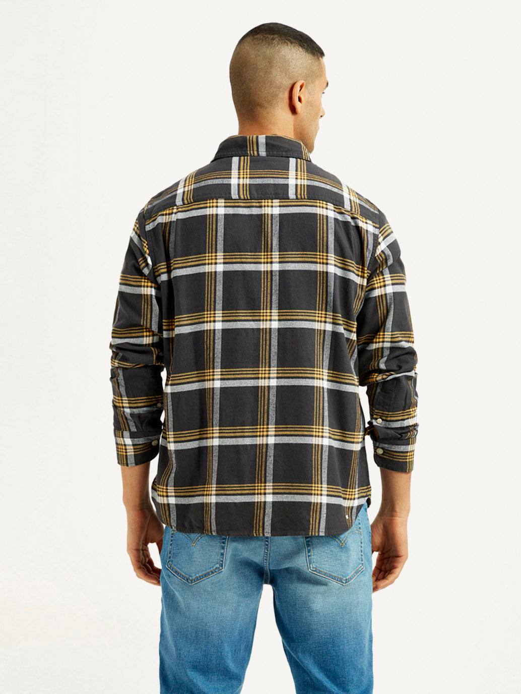 Men's Flannel Checkered Multi Color Spread Collar Shirt - Back View