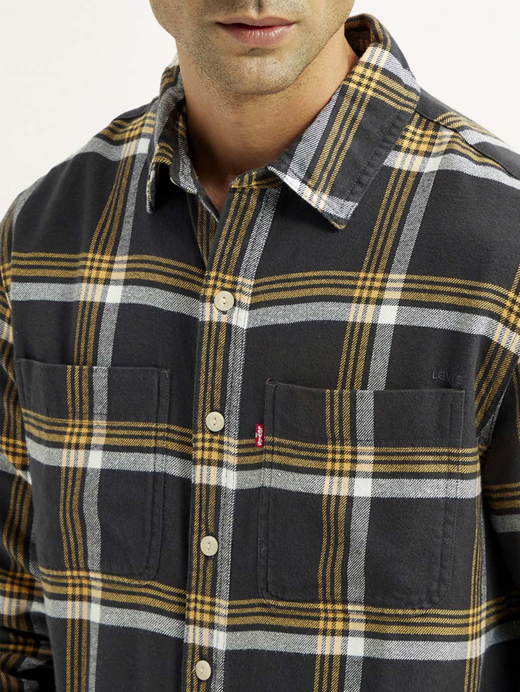 Men's Flannel Checkered Multi Color Spread Collar Shirt - Detail View