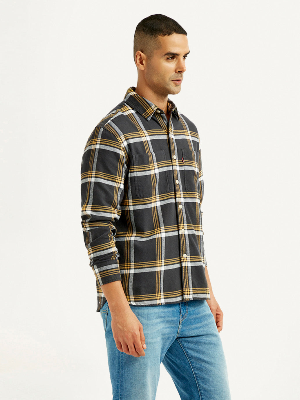 Men's Flannel Checkered Multi Color Spread Collar Shirt - Side View