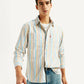 Men's Striped Multi Color Spread Collar Flannel Shirt - Elevated View
