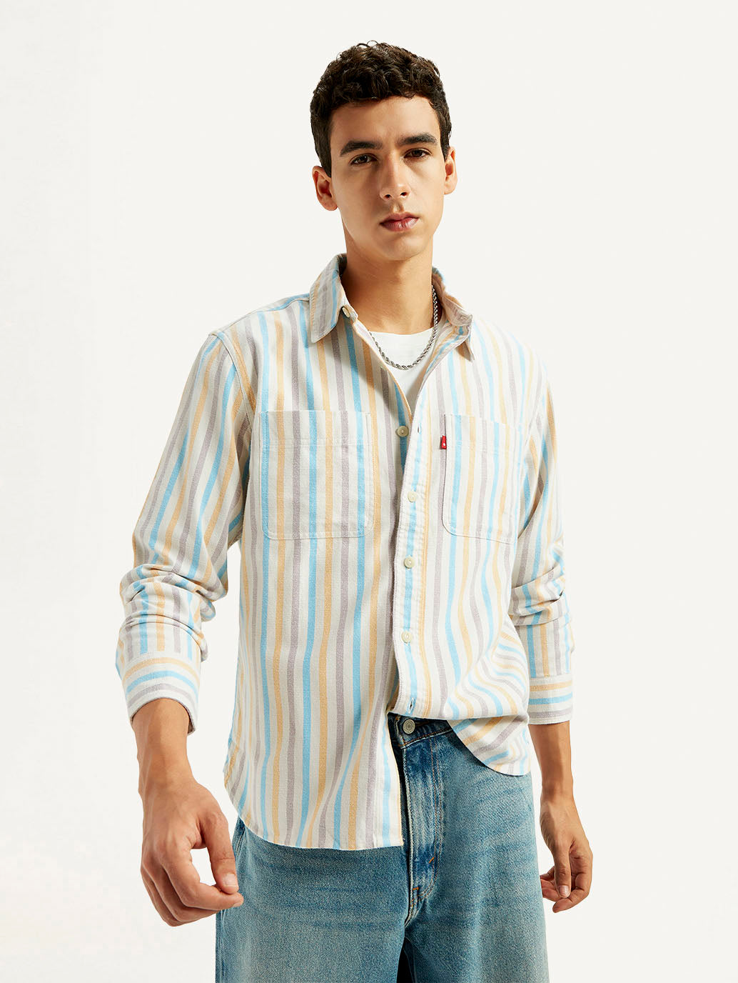 Men's Striped Multi Color Spread Collar Flannel Shirt