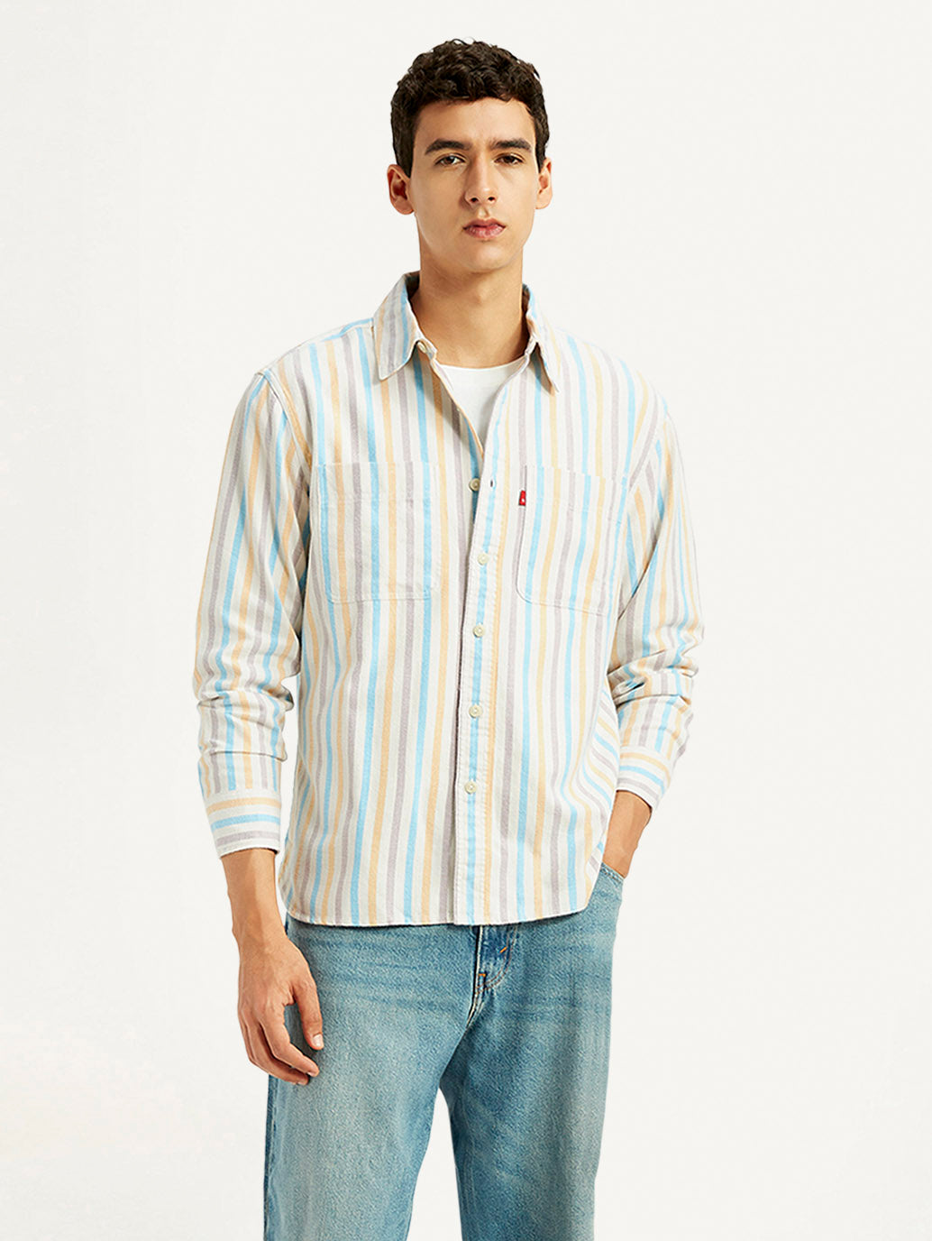 Men's Striped Multi Color Spread Collar Flannel Shirt - Styleshot View