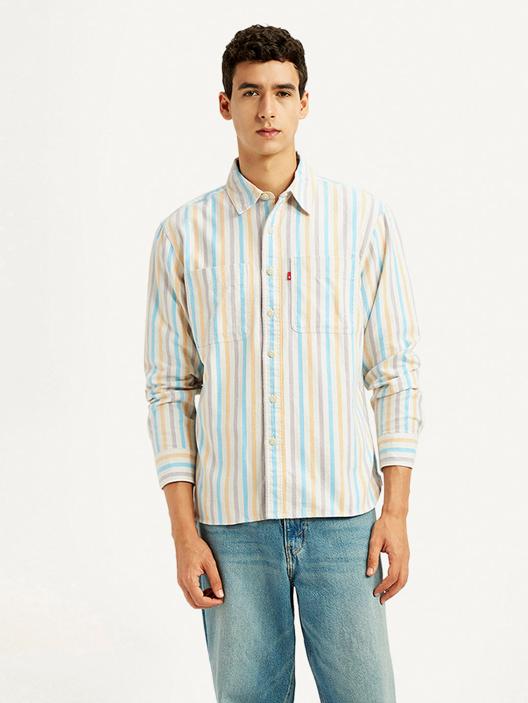 Men's Striped Multi Color Spread Collar Flannel Shirt - Front View