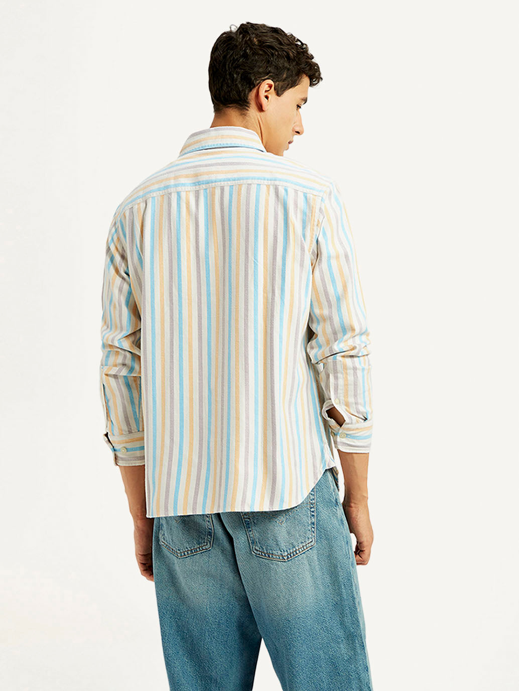 Men's Striped Multi Color Spread Collar Flannel Shirt - Back View