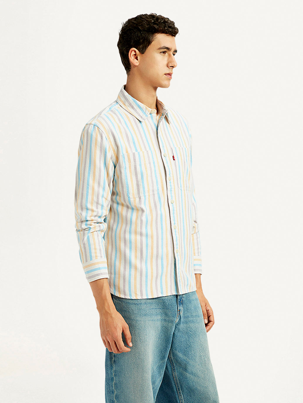 Men's Striped Multi Color Spread Collar Flannel Shirt - Side View