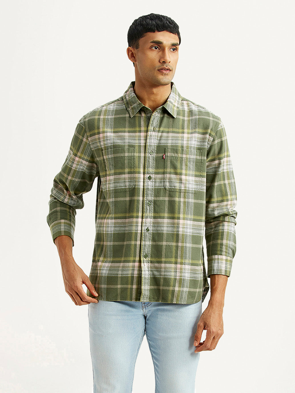 Men's Checkered Olive Relaxed Fit Flannel Shirt