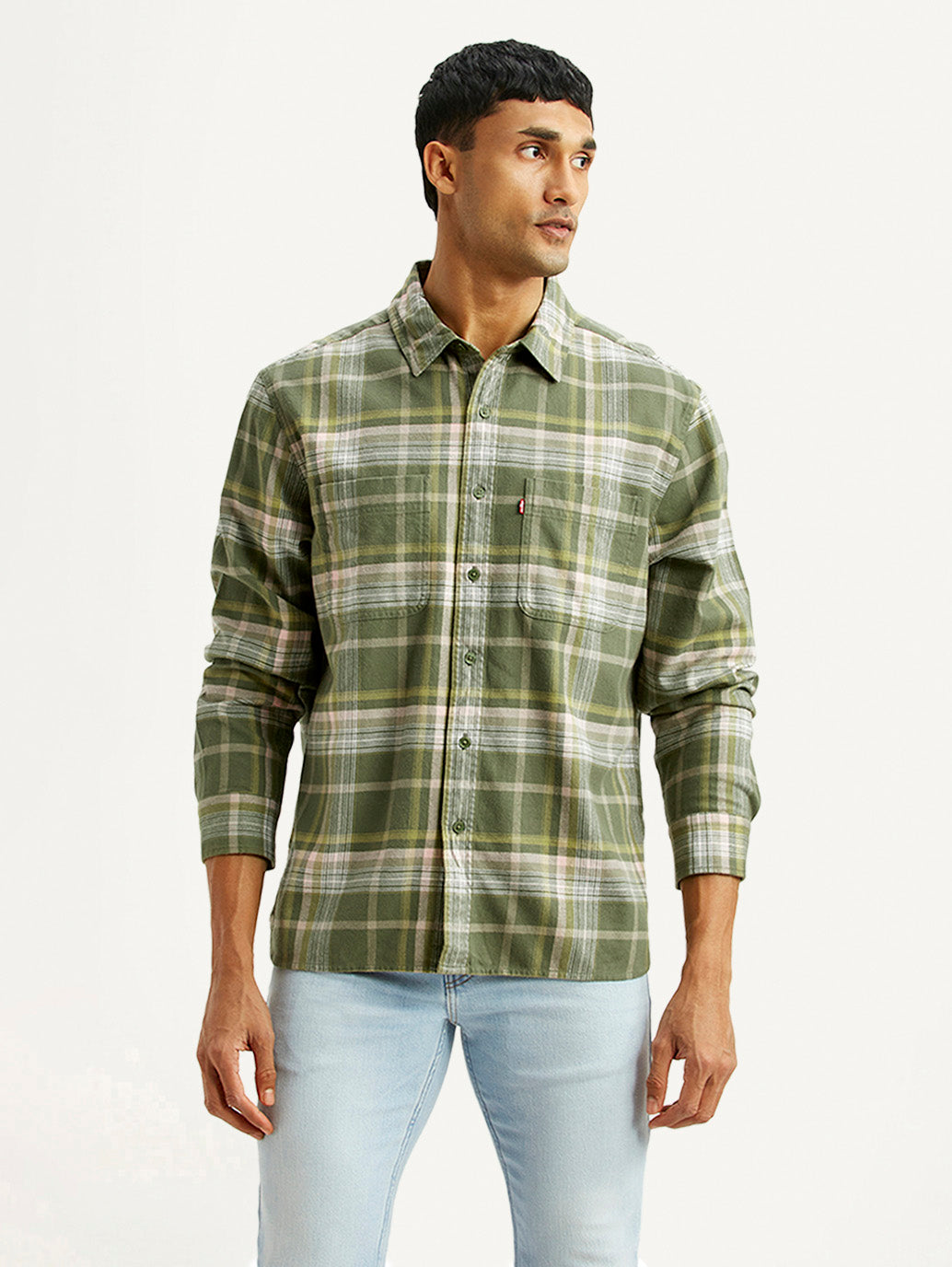 Men's Checkered Olive Relaxed Fit Flannel Shirt - Front View
