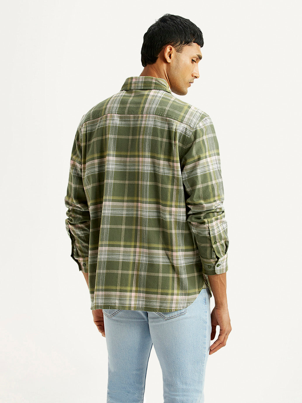Men's Checkered Olive Relaxed Fit Flannel Shirt - Back View