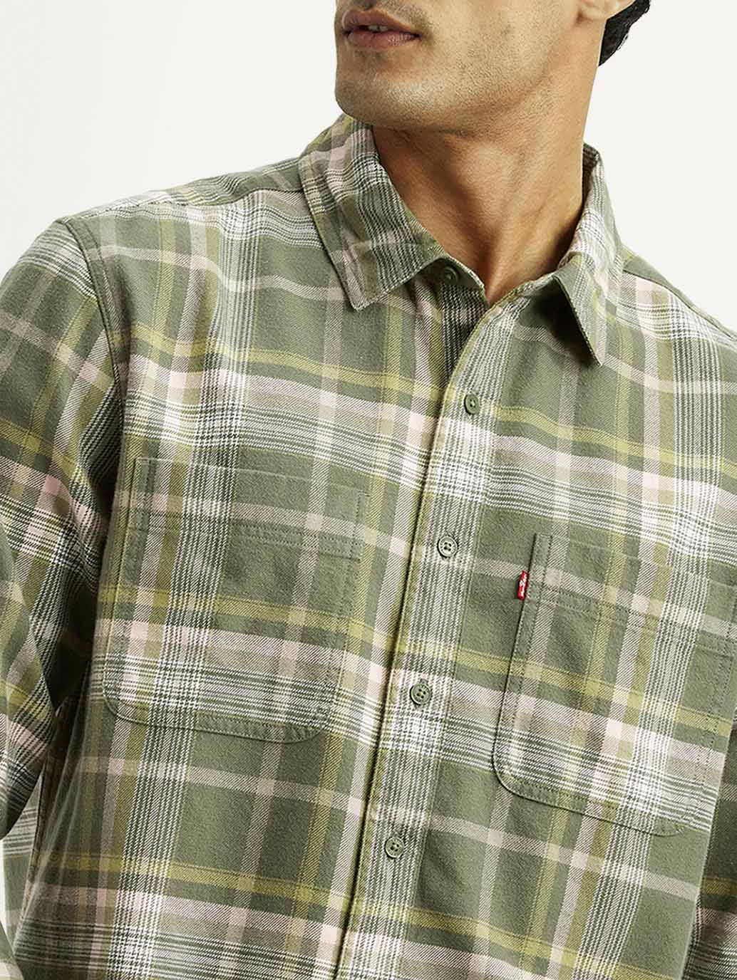 Men's Checkered Olive Relaxed Fit Flannel Shirt - Detail View