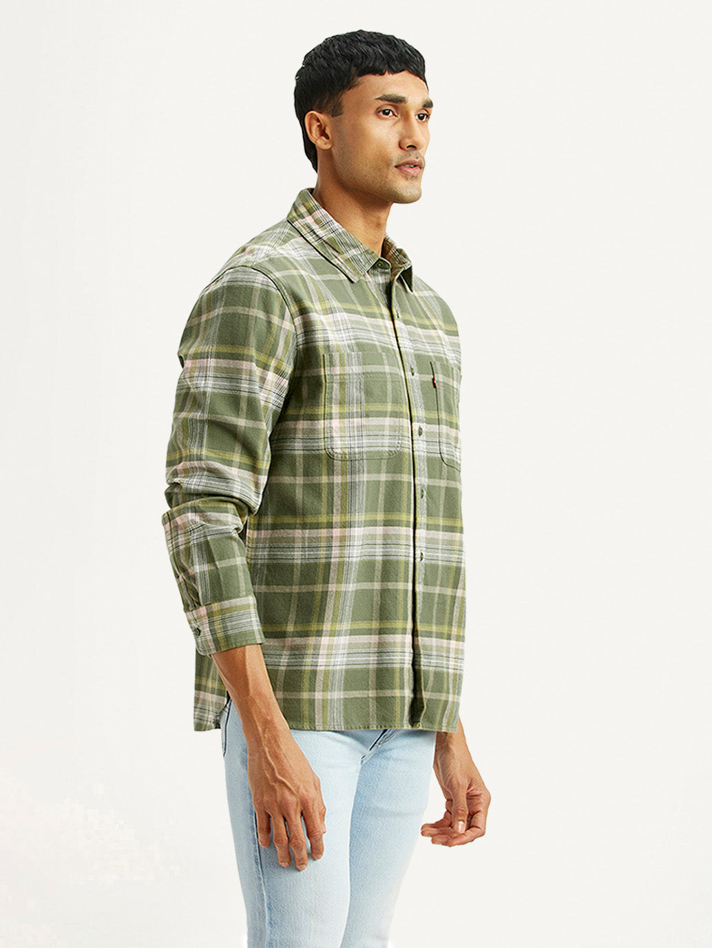 Men's Checkered Olive Relaxed Fit Flannel Shirt - Side View