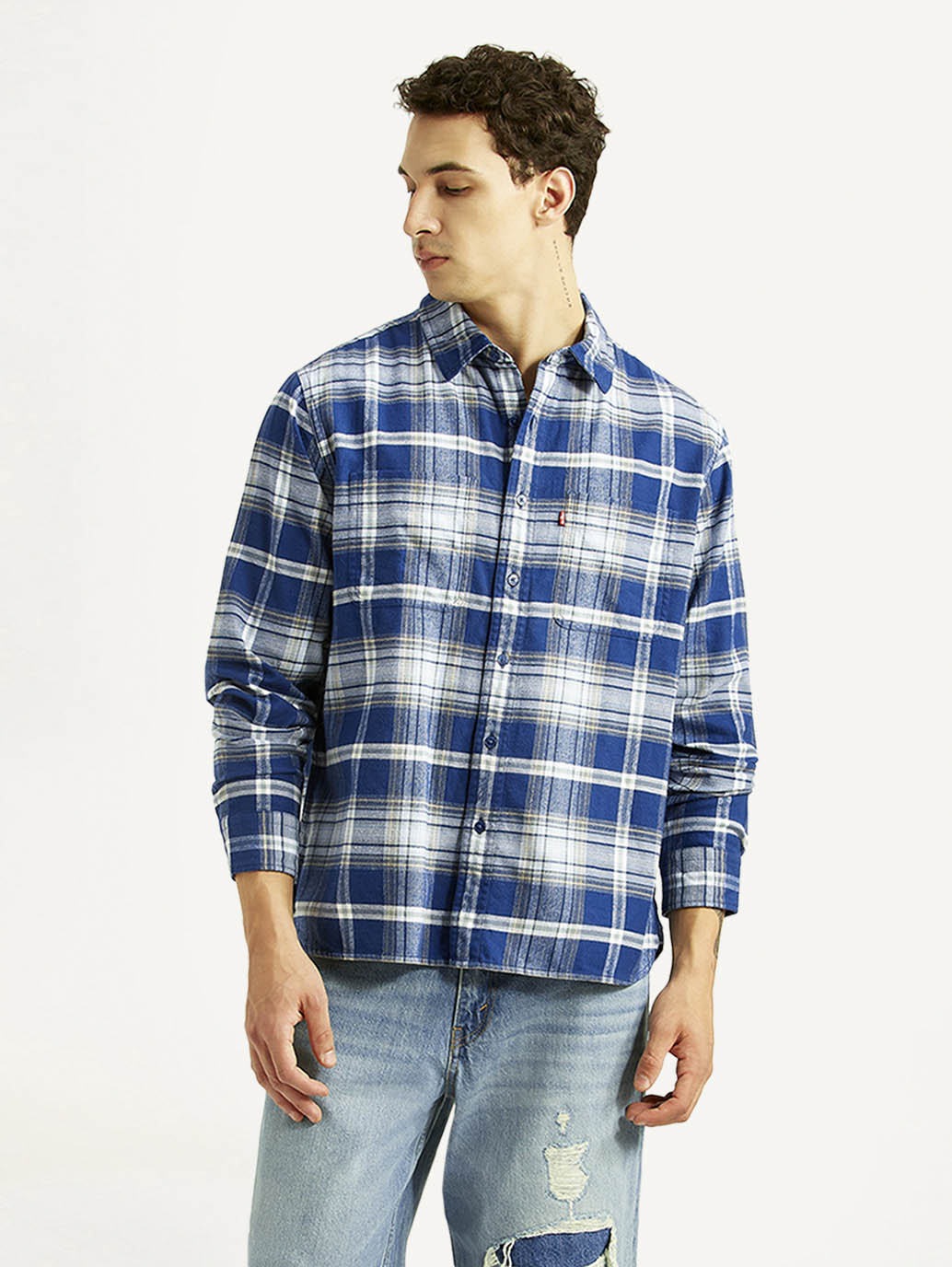 Men's Checkered Blue Relaxed Fit Flannel Shirt - Styleshot View