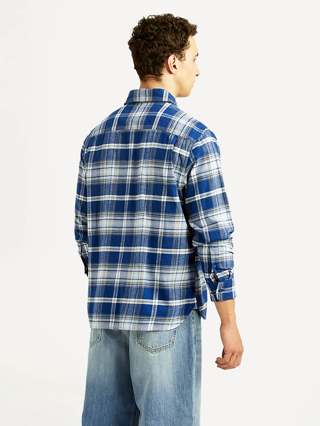 Men's Checkered Blue Relaxed Fit Flannel Shirt - Back View