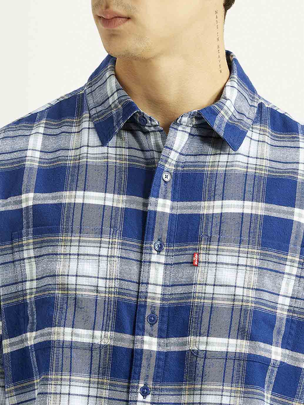 Men's Checkered Blue Relaxed Fit Flannel Shirt - Detail View