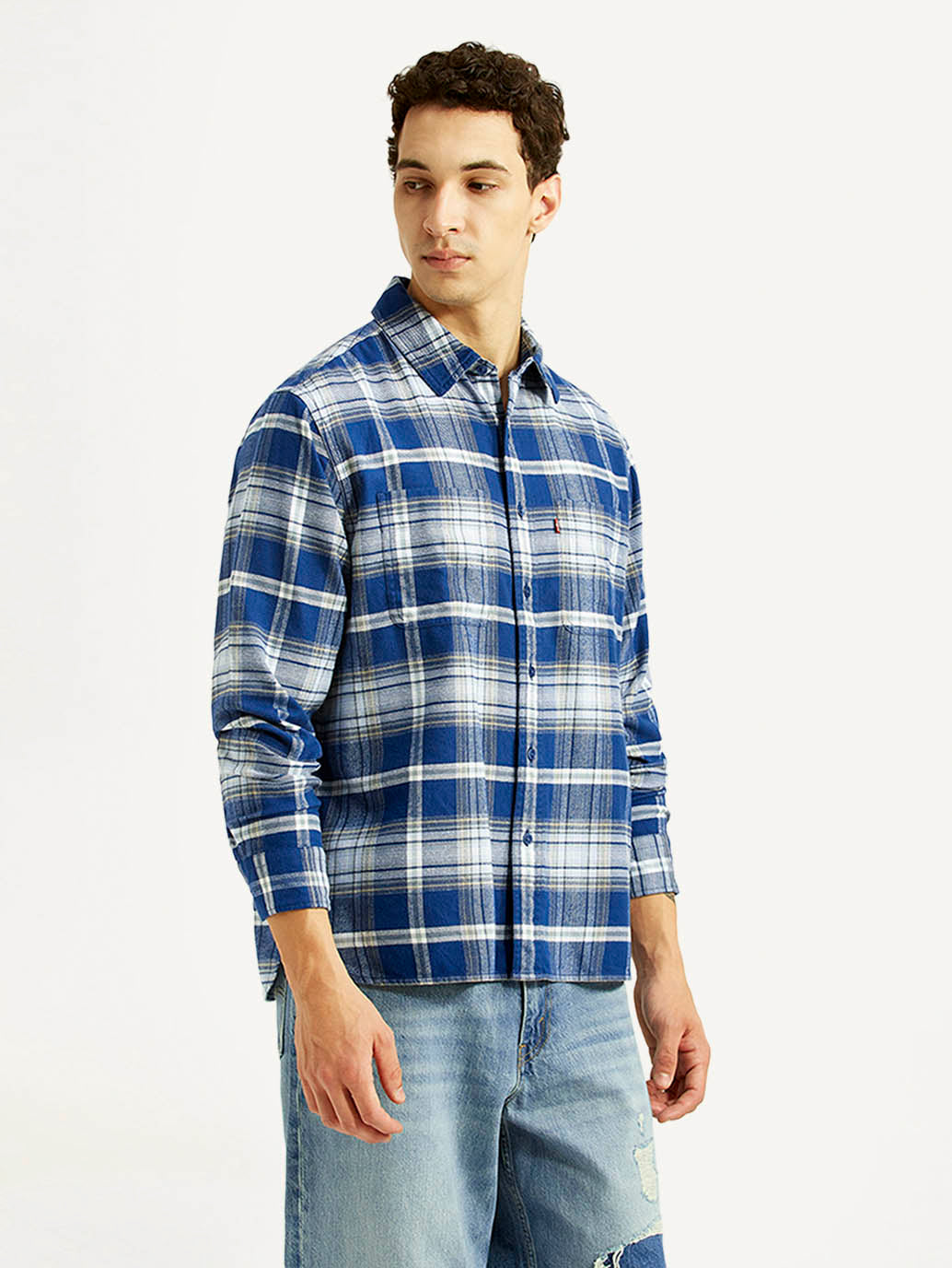 Men's Checkered Blue Relaxed Fit Flannel Shirt - Side View