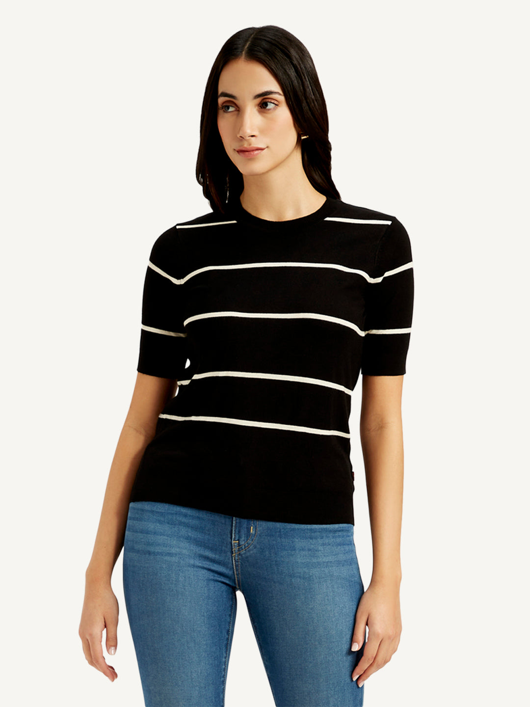 Women's Striped Black Crew Neck Top - Front View
