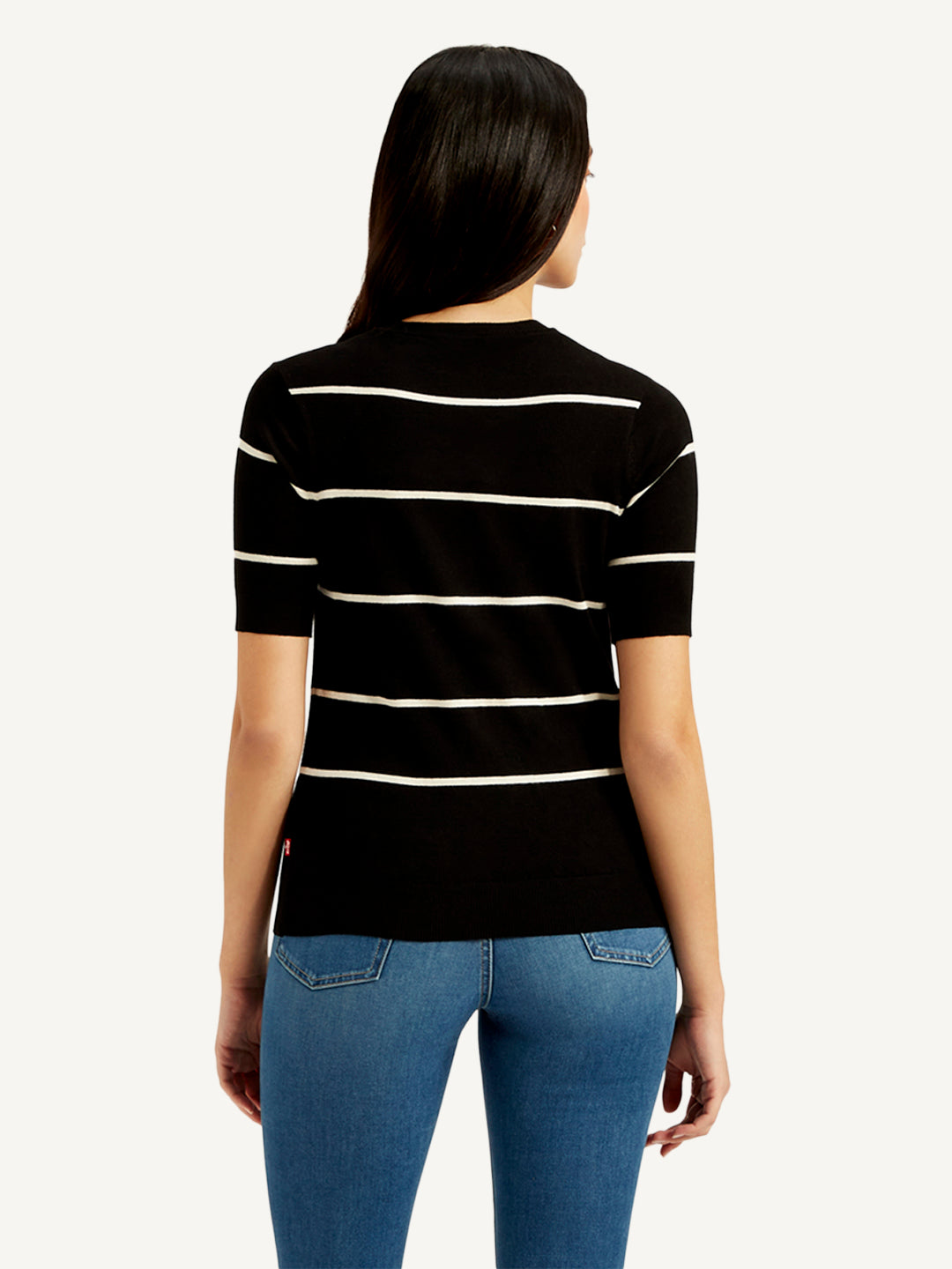 Women's Striped Black Crew Neck Top - Back View