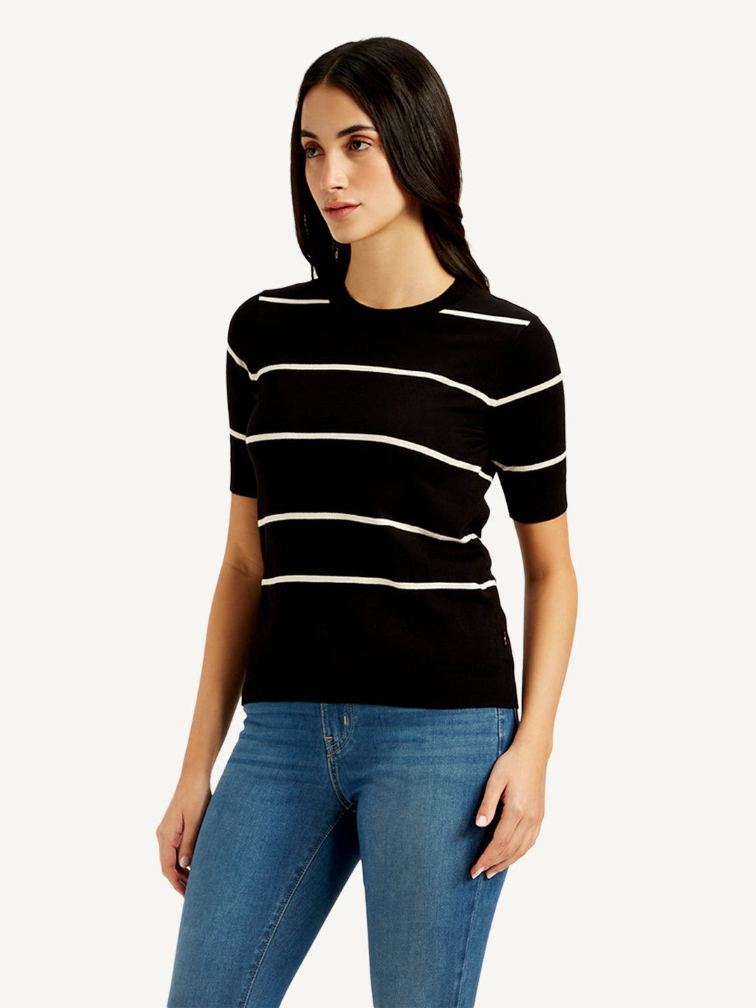 Women's Striped Black Crew Neck Top - Side View
