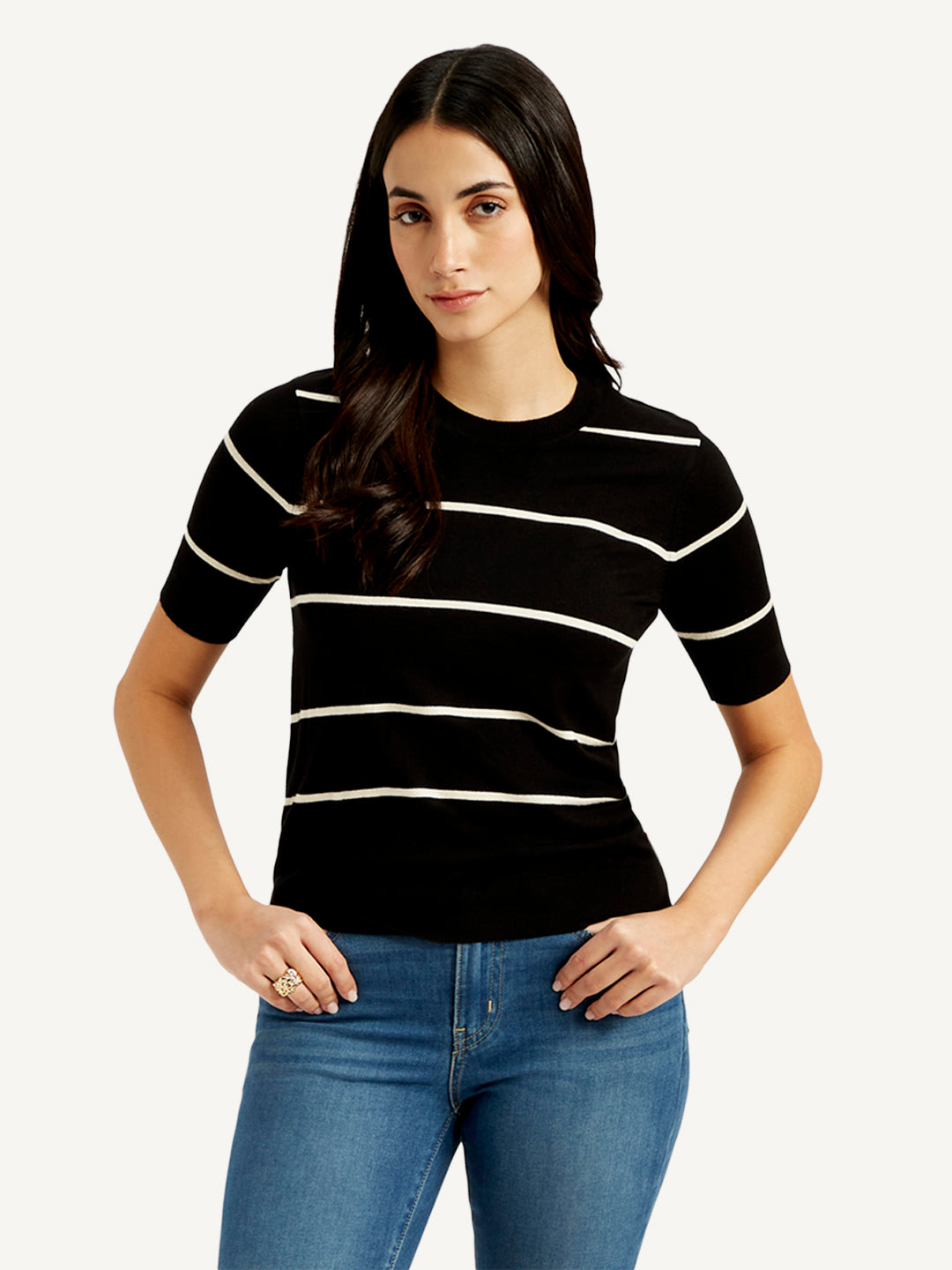 Women's Striped Black Crew Neck Top - Styleshot View