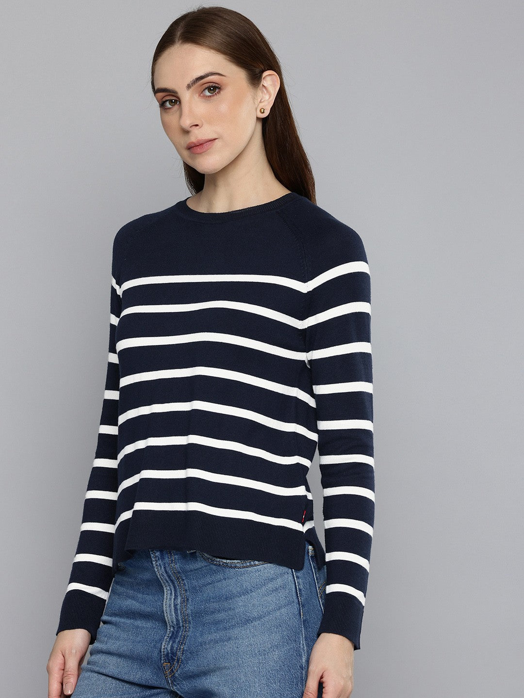 Women's Striped Navy Crew Neck Sweater - 3 View