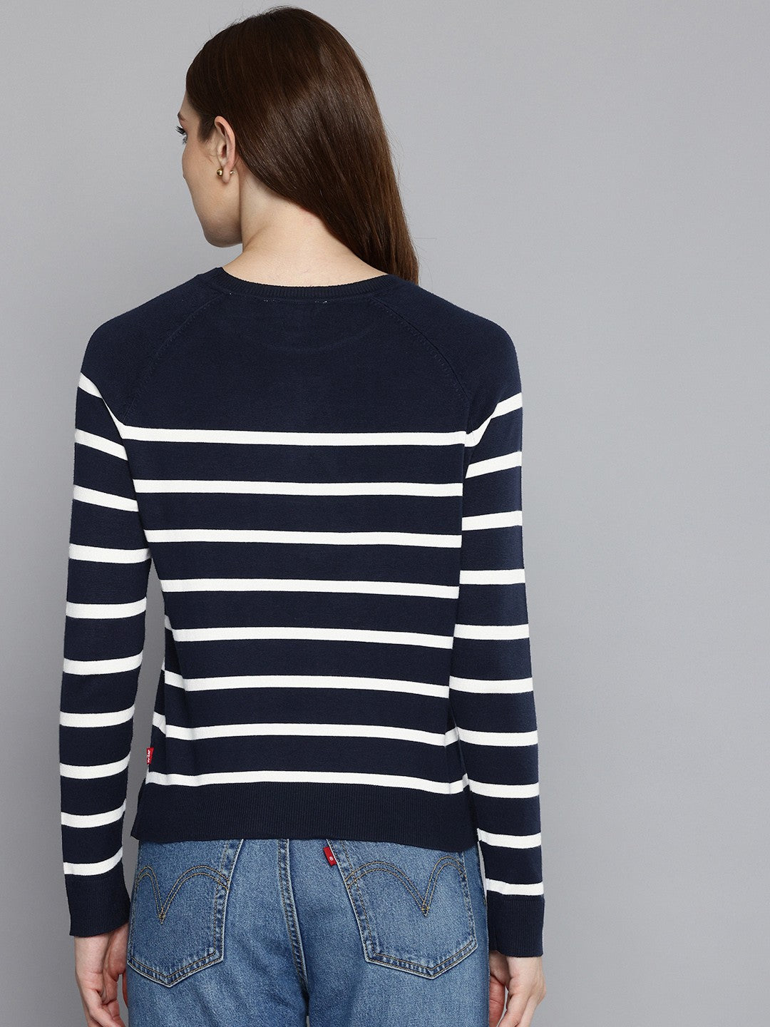 Women's Striped Navy Crew Neck Sweater - 4 View