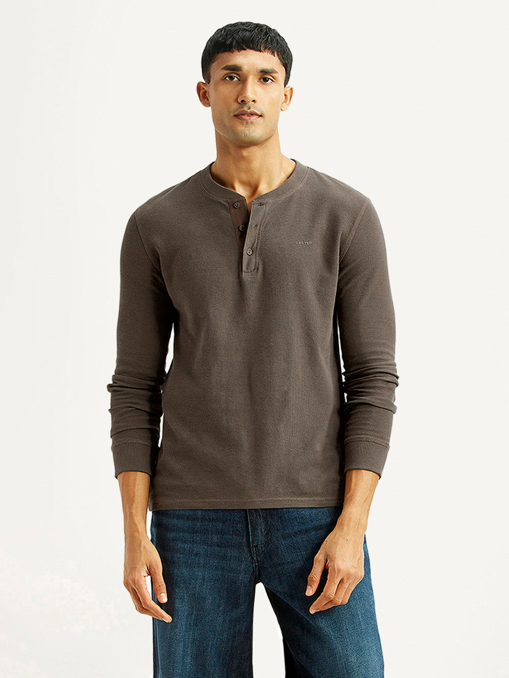 Men's Solid Brown Henley Neck T-shirt - Styleshot View