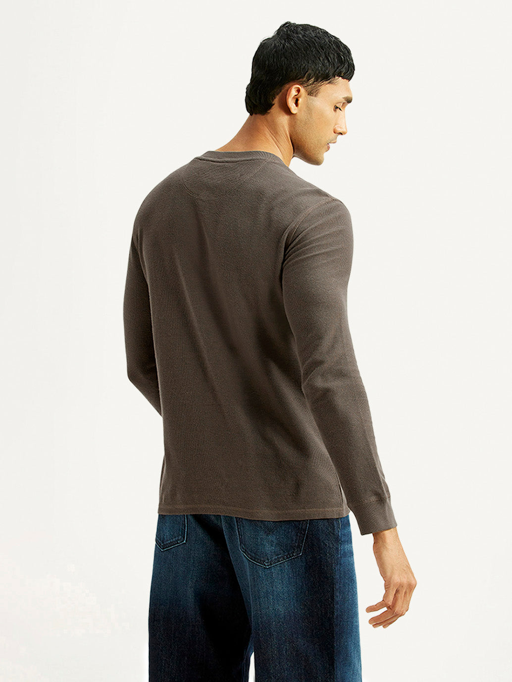 Men's Solid Brown Henley Neck T-shirt - Back View