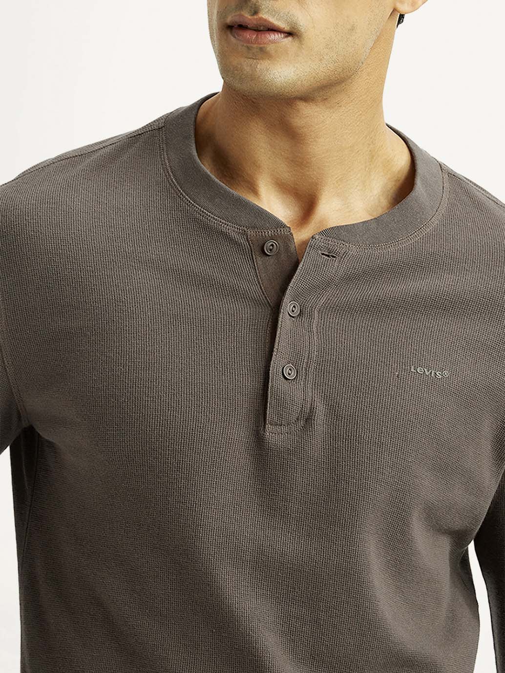 Men's Solid Brown Henley Neck T-shirt - Detail View