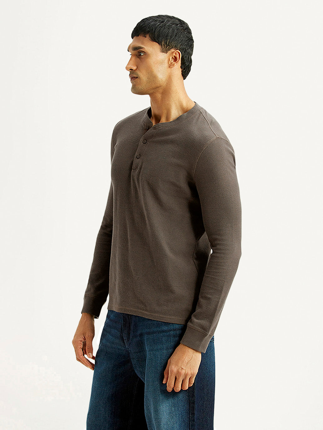 Men's Solid Brown Henley Neck T-shirt - Side View