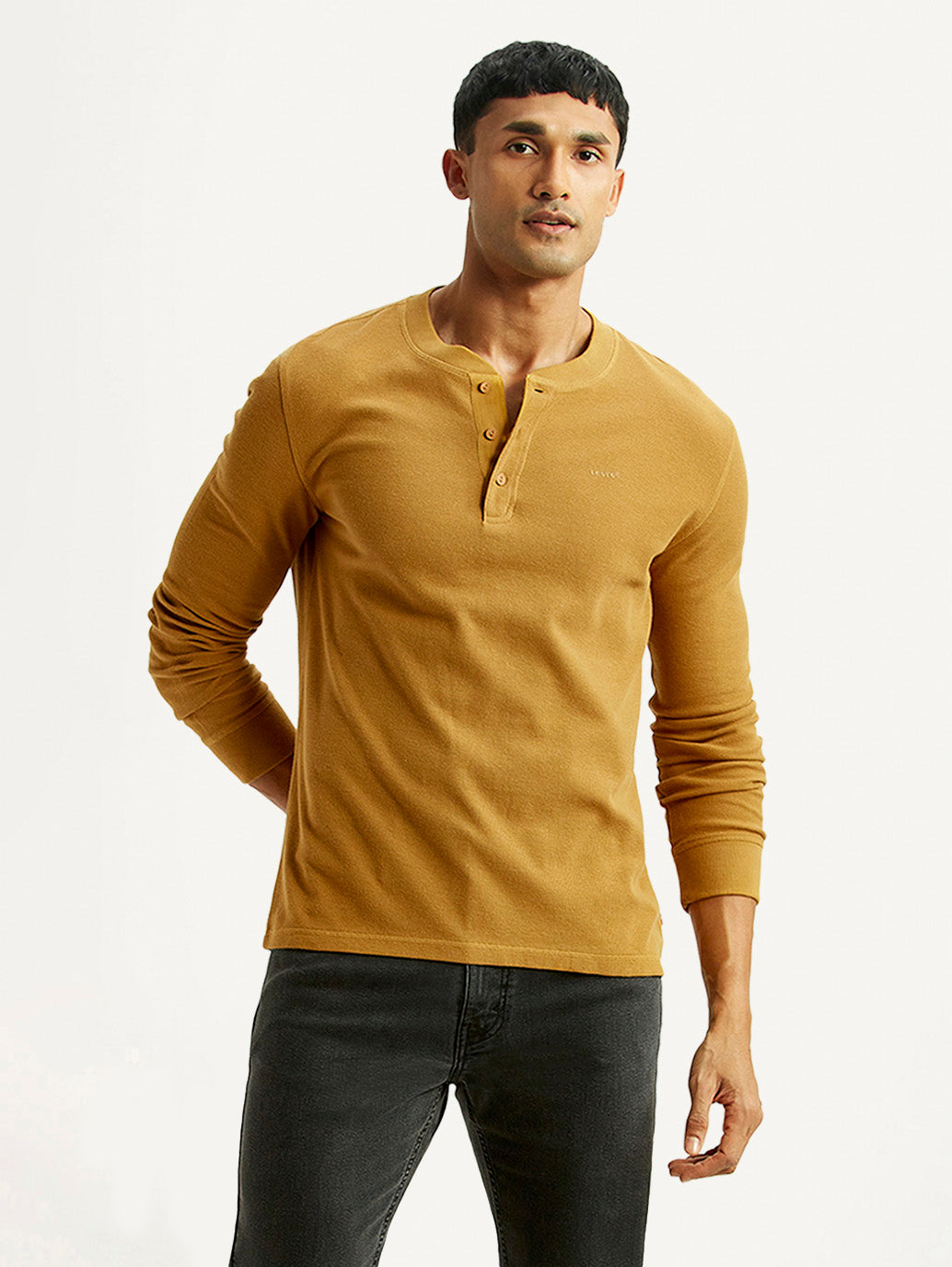 Men's Solid Mustard Henley Neck T-shirt - Styleshot View