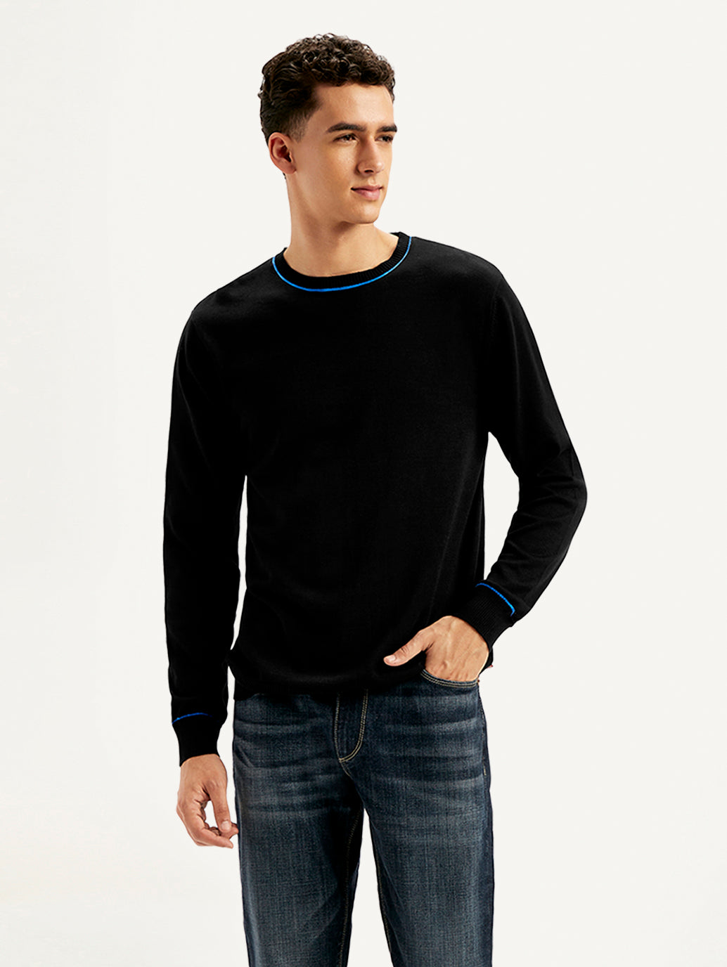 Men's Solid Black Crew Neck Sweater - Front View