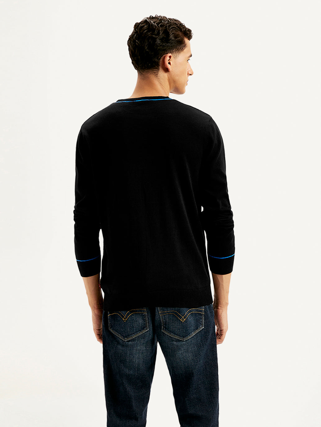 Men's Solid Black Crew Neck Sweater - Back View