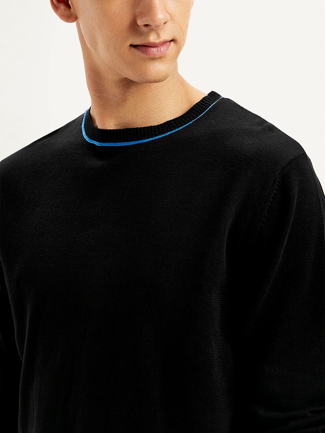 Men's Solid Black Crew Neck Sweater - Detail View