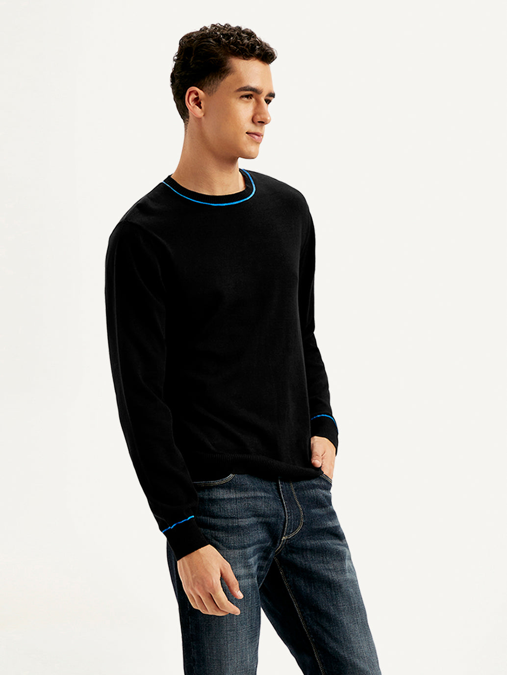 Men's Solid Black Crew Neck Sweater - Side View