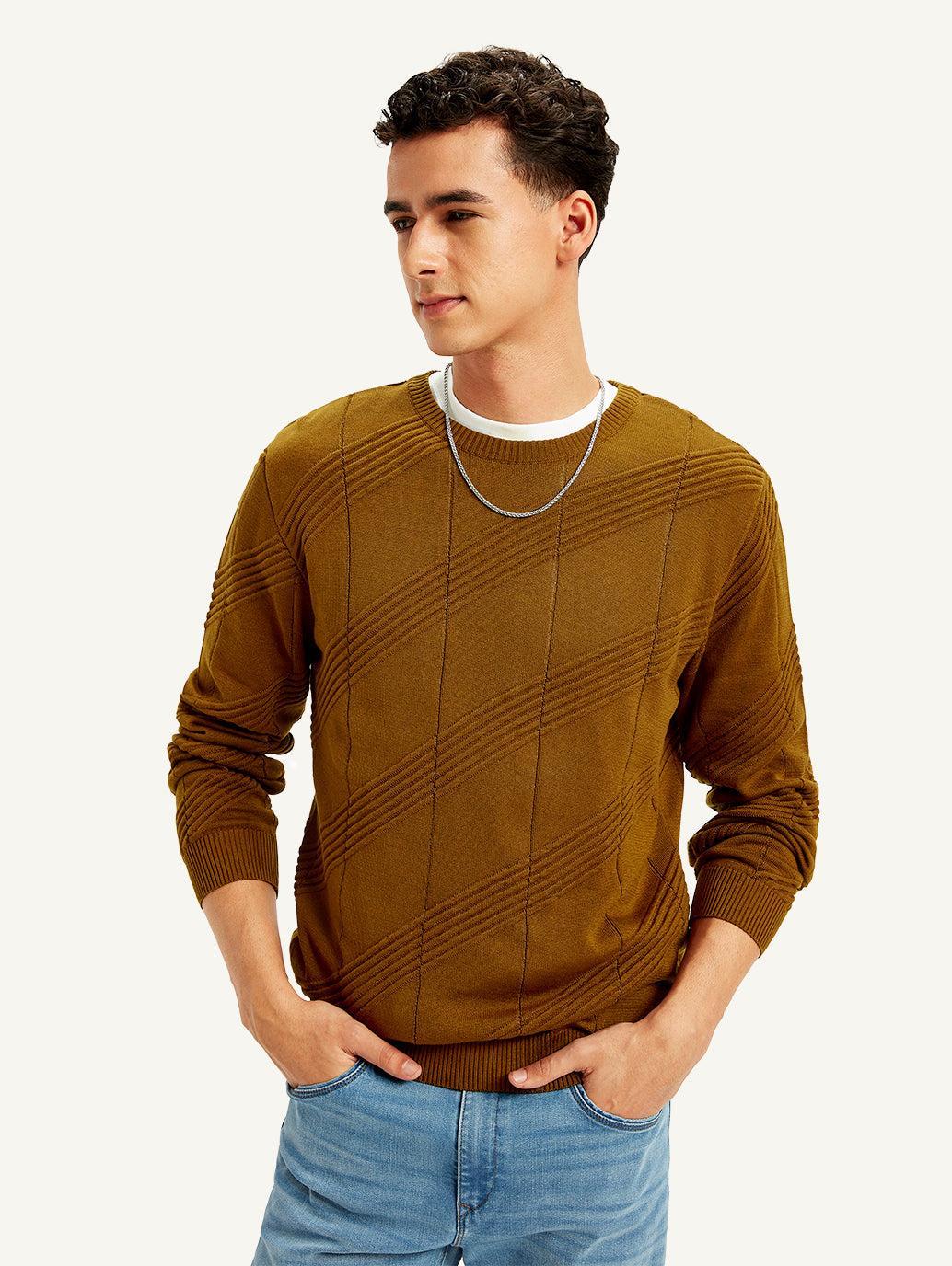 Men's Redloop Textured Brown Crew Neck Sweater