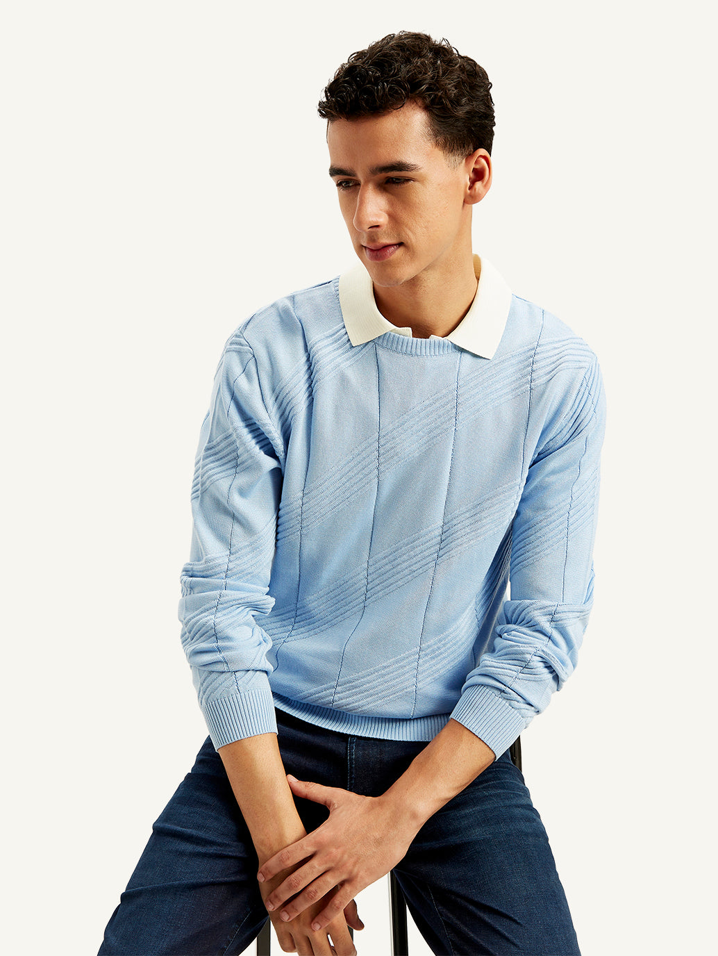 Men's Redloop Textured Light-Blue Crew Neck Sweater