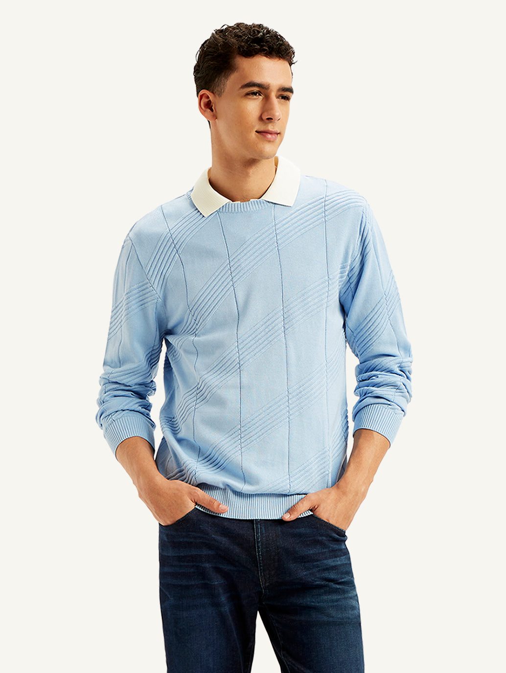 Men's Redloop Textured Light-Blue Crew Neck Sweater - 250aee6d-42a2-46e5-8fc5-f4a7bc01d7dd View