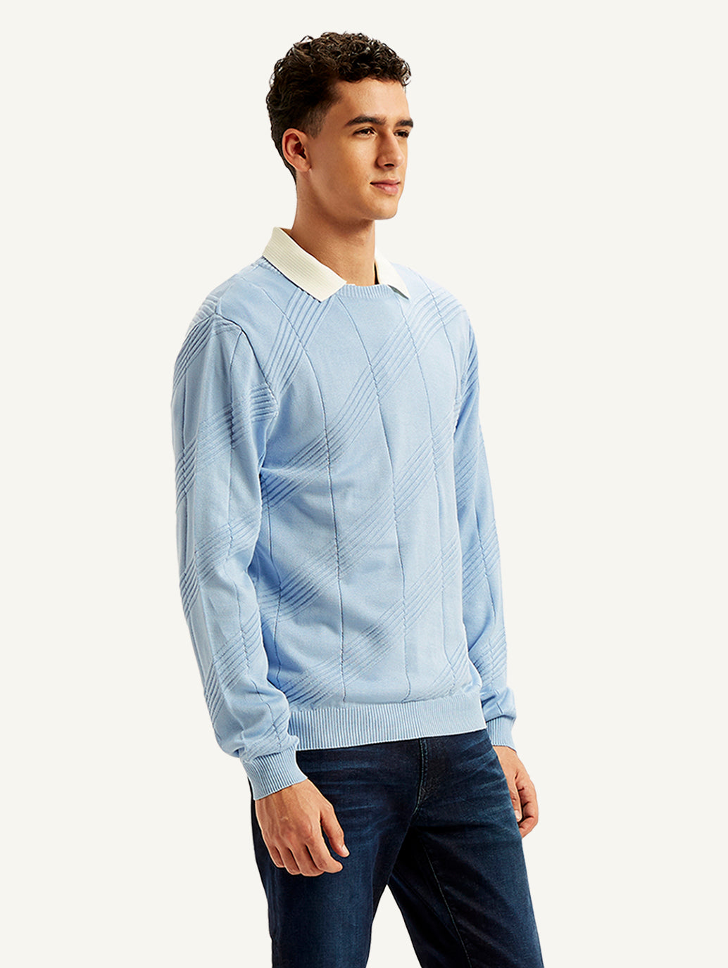 Men's Redloop Textured Light-Blue Crew Neck Sweater - a68c125b-4c77-426c-855c-20a6c3bab79d View