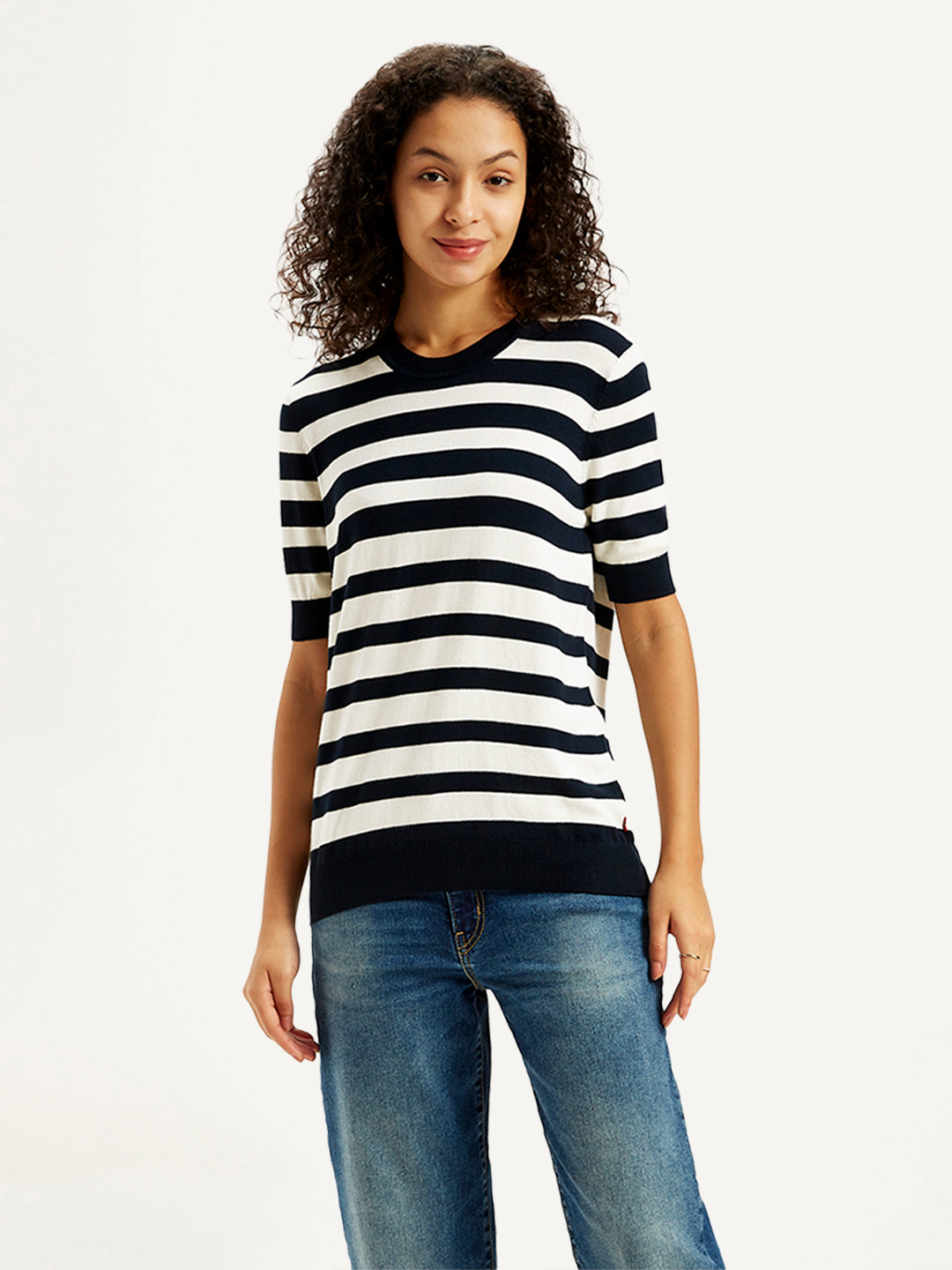 Women's Striped Black Crew Neck Sweater - Front View