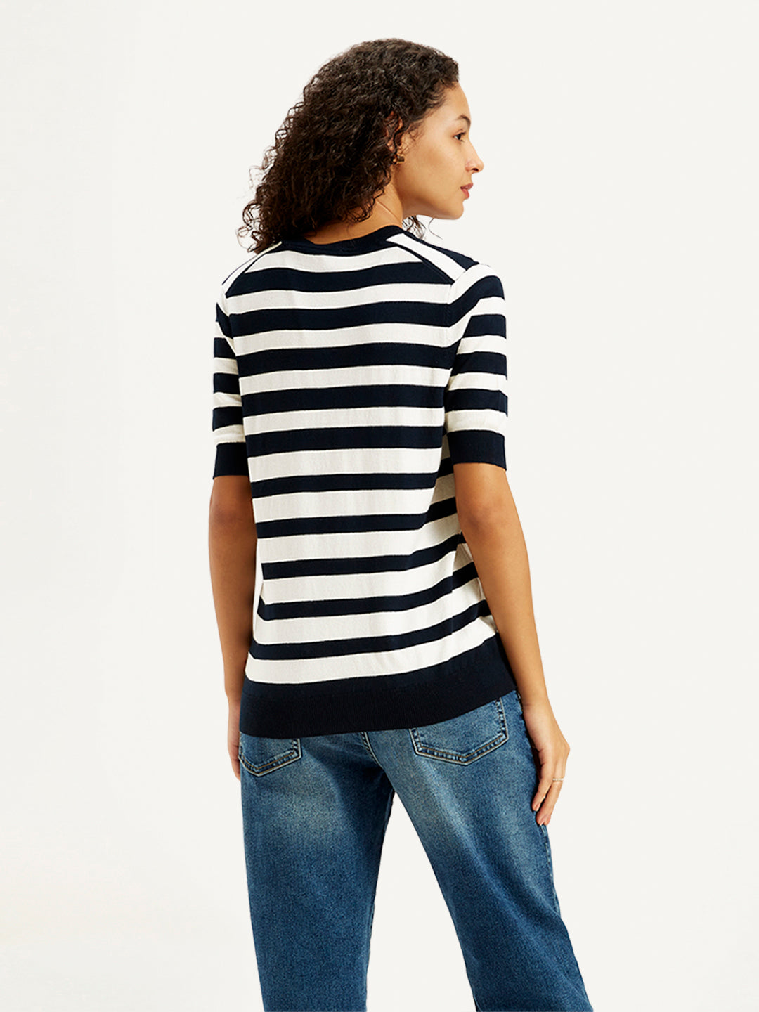 Women's Striped Black Crew Neck Sweater - Back View