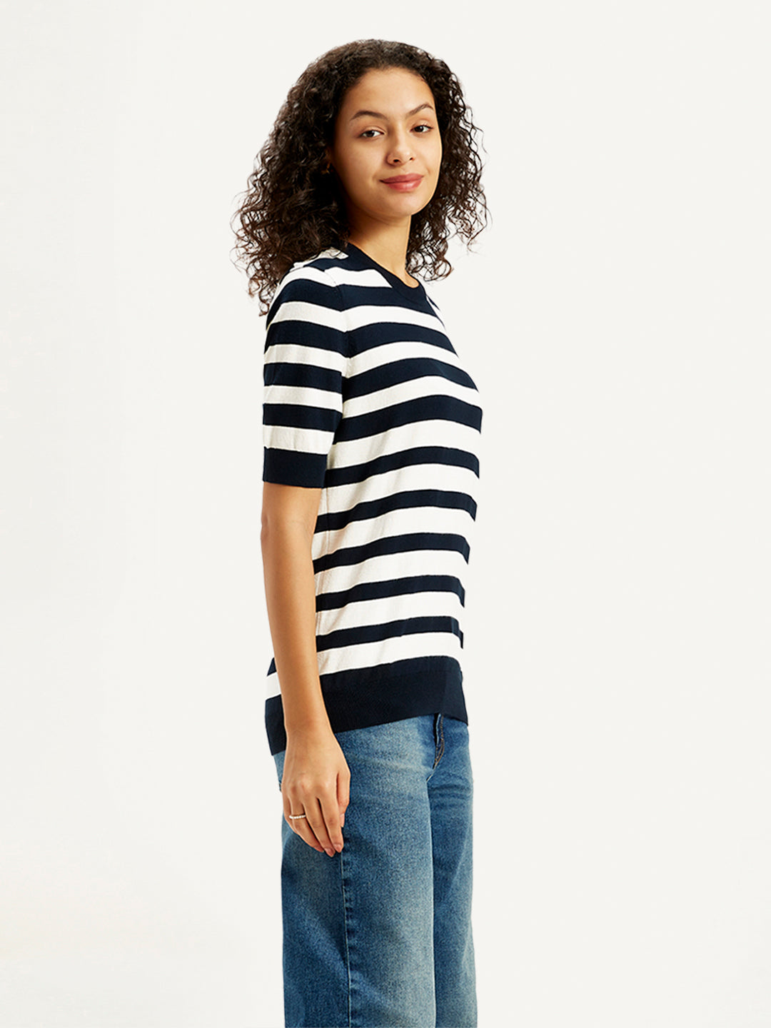 Women's Striped Black Crew Neck Sweater - Side View