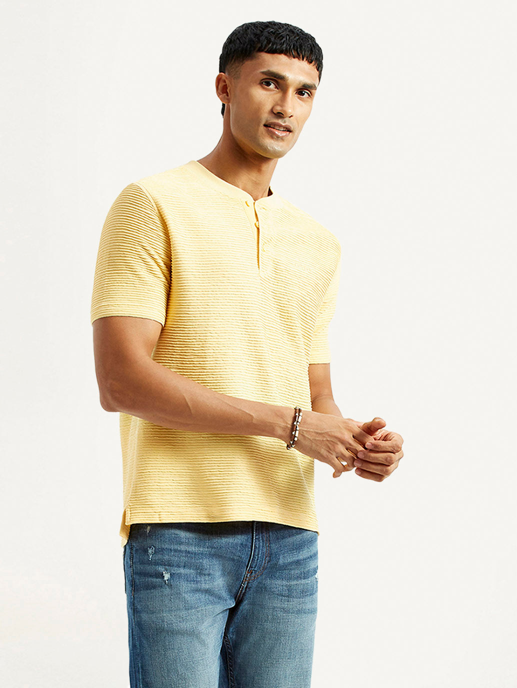 Men's Self Design Yellow Slim Fit T-shirt