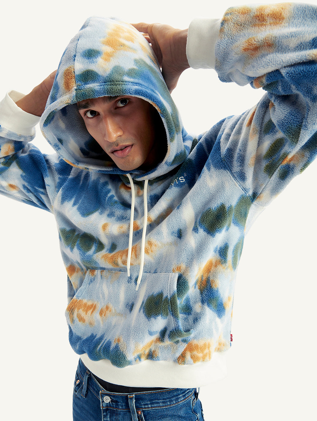 Men's Tie-Dye Light-Blue Hooded Sweatshirt - Elevated View