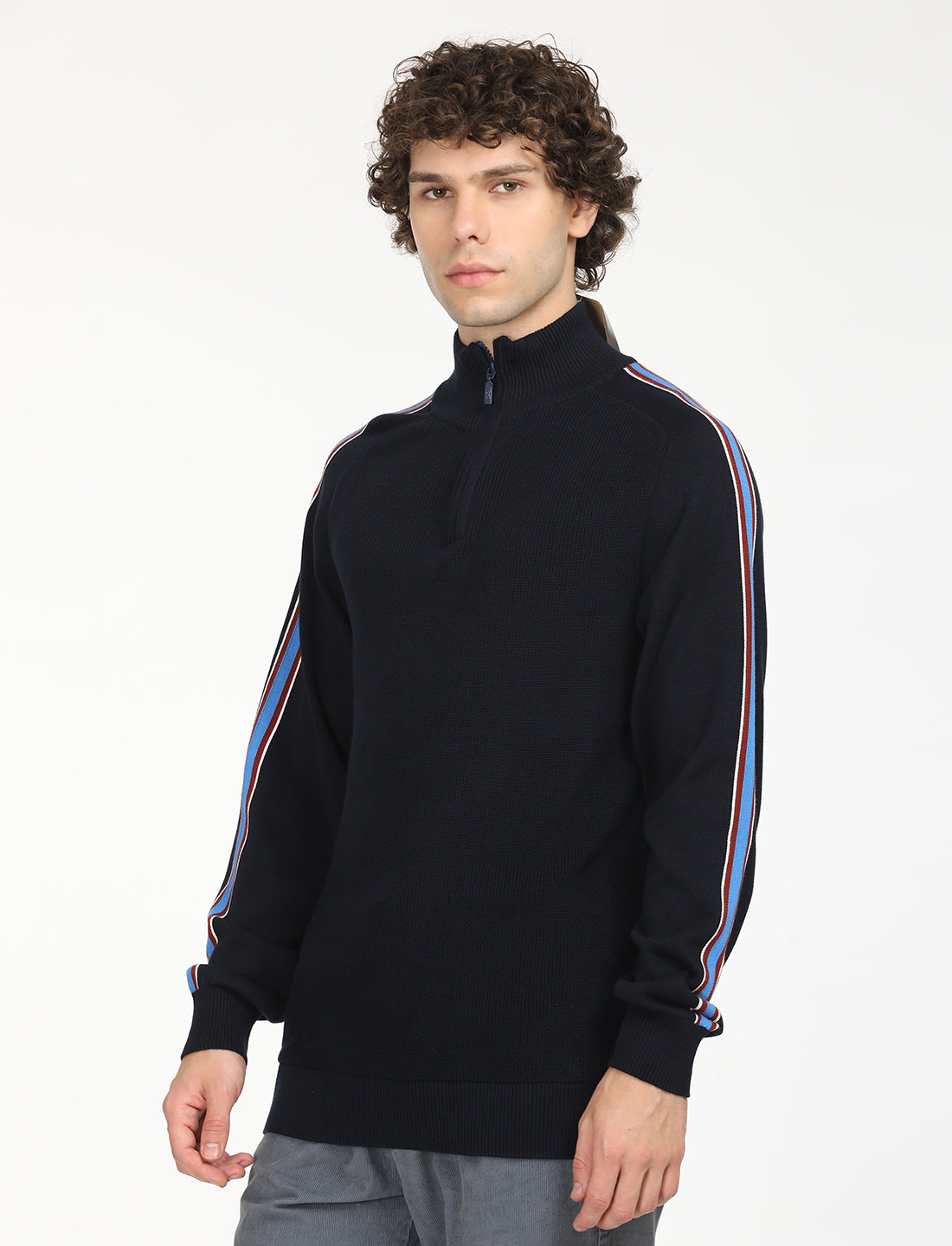 Men's Striped Navy High Neck Sweater - RightSide View
