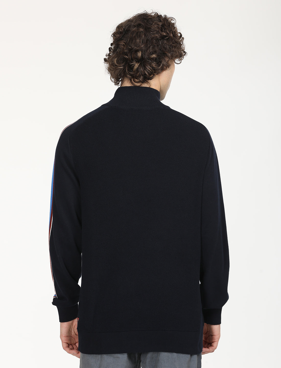 Men's Striped Navy High Neck Sweater - Back View