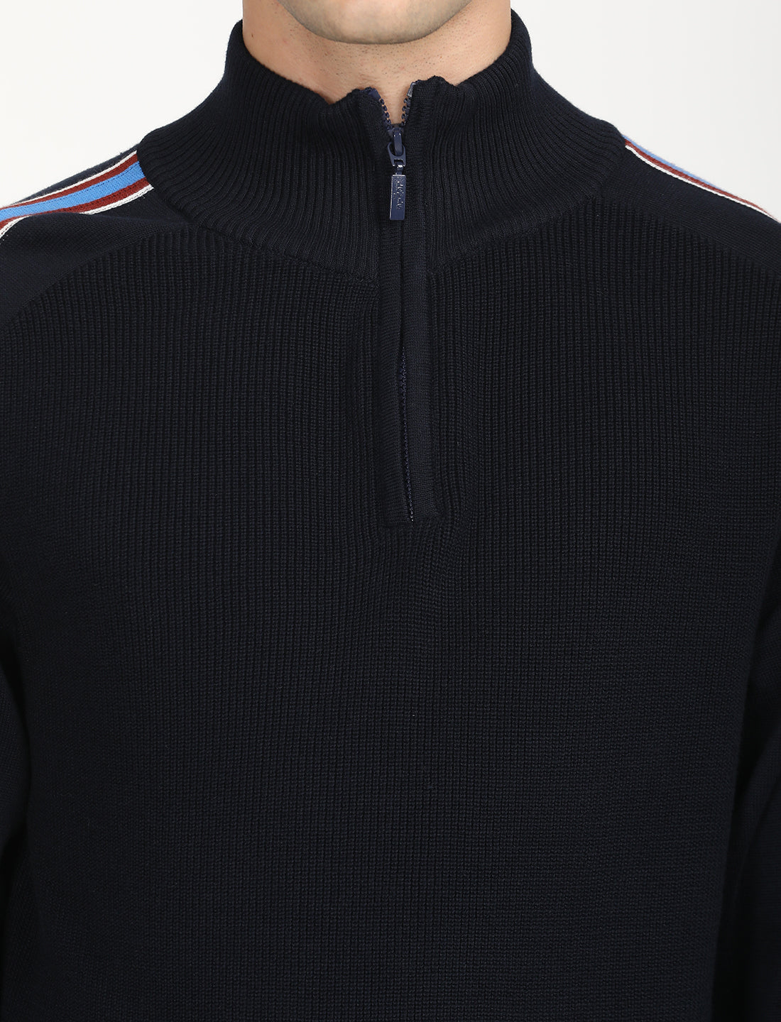 Men's Striped Navy High Neck Sweater - Detail View