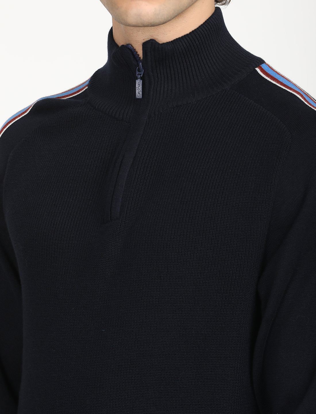Men's Striped Navy High Neck Sweater - Detail View
