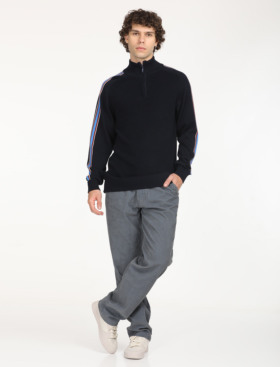 Men's Striped Navy High Neck Sweater - 6 View